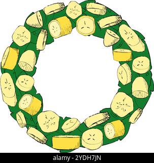 Tropical round circle frame with palm leaf and banana slices. Party invitation, sale poster, banner. Hand drawn graphic illustration with a text place Stock Vector