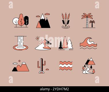 Vector nature isolated icons set. desert, mountains, forest, river, sea, lake. Graph symbol for travel and tourism web site and apps design, logo, app Stock Vector