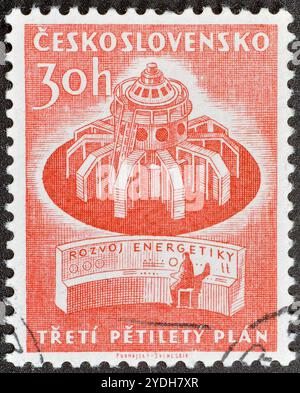 Cancelled postage stamp printed by Czechoslovakia, that shows Turbo generator, 3rd Five-Year Plan, circa 1961. Stock Photo