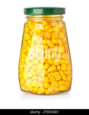 Conserved sweet corn in transparent glass jar with metal twist-off lid isolated on white background Stock Photo