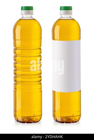 Set of two plastic oil bottles with label  isolated on white background Stock Photo
