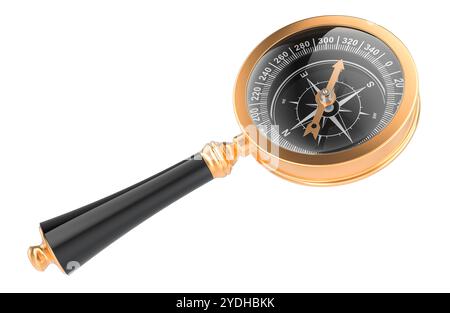Loupe with magnetic compass. 3D rendering isolated on white background Stock Photo