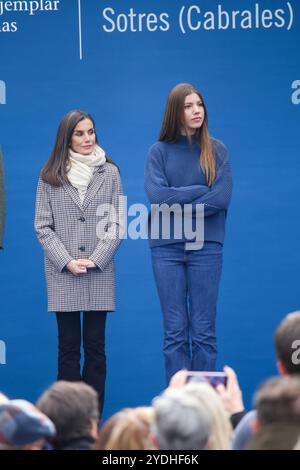 Sotres, Spain, 26th October, 2024: Queen of Spain, Letizia Ortiz (L) and Infanta Sofia de Borbón (R) attend the speeches during the 2024 Asturias Exemplary Town Award, on October 26, 2024, in Sotres, Spain. Credit: Alberto Brevers / Alamy Live News. Stock Photo