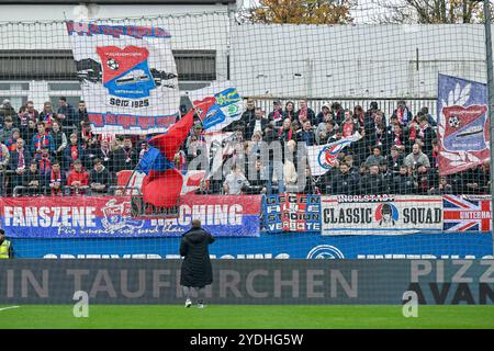 Unterhaching, Deutschland. 26th Oct, 2024. Unterhachinger Fans schwenken Fahnen und machen Stimmung, 26.10.2024, Unterhaching (Deutschland), Fussball, 3. Liga, SpVgg Unterhaching - Viktoria Köln, DFB/DFL REGULATIONS PROHIBIT ANY USE OF PHOTOGRAPHS AS IMAGE SEQUENCES AND/OR QUASI-VIDEO. Credit: dpa/Alamy Live News Stock Photo