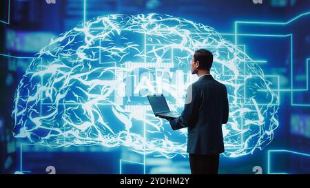 System administrator working on laptop, programming artificial intelligence computing simulating human brain. Man in workspace using notebook, building AI machine learning algorithms, camera B Stock Photo