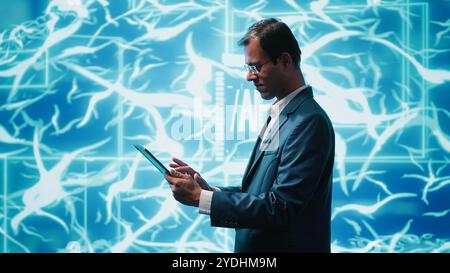 IT specialist coding on tablet, programming artificial intelligence computing simulating human brain. Programmer using technology gear to build AI machine learning algorithms, camera A Stock Photo