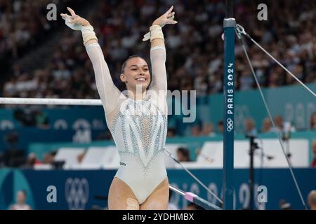 Paris, France. 30th July, 2024. Giorgia Villa of Italy salutes after her uneven bars performance during the Women's Artistic Gymnastics Team Final at the Paris 2024 Olympic Games in Paris, France. Daniel Lea/CSM/Alamy Live News Stock Photo