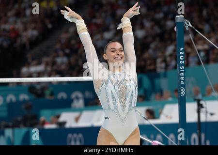 Paris, France. 30th July, 2024. Giorgia Villa of Italy salutes after her uneven bars performance during the Women's Artistic Gymnastics Team Final at the Paris 2024 Olympic Games in Paris, France. Daniel Lea/CSM/Alamy Live News Stock Photo