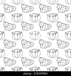 Two small cute cacti with flowers and shoots in doodle style, arranged in stripes. Simple seamless pattern. Vector illustration. Stock Vector