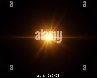 Ethereal Lens Flare and Golden Sunburst on Pitch Black Background with High Contrast and No Visible Light Source Stock Photo