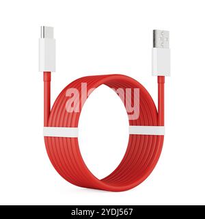 Connectivity and Charging Solutions Concept. Red USB Cable Neatly Coiled into a Loop, Featuring USB-A and USB Type C Connectors on a white background. Stock Photo