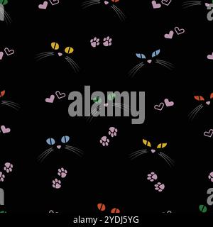 Multicolored cat eyes and pink hearts on black background, seamless pattern Stock Vector