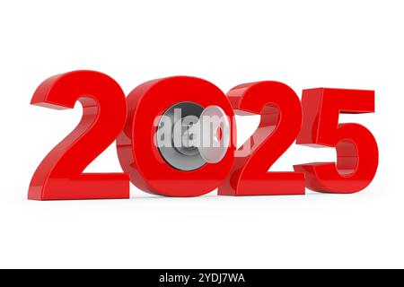 New 2025 Year Sign with Key on a white background. 3d Rendering Stock Photo