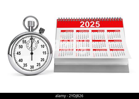 2025 year calendar with stopwatch on a white background. 3d Rendering Stock Photo