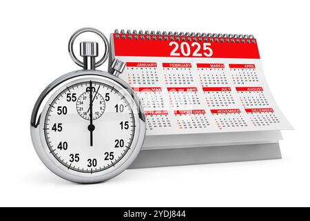 2025 year calendar with stopwatch on a white background. 3d Rendering Stock Photo