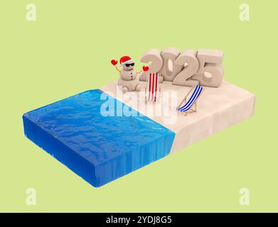 Flat Isometric Piece of Beach with Sandy Christmas Snowman, Beach Chairs and 2025 New Year Sign on a green background. 3d Rendering Stock Photo