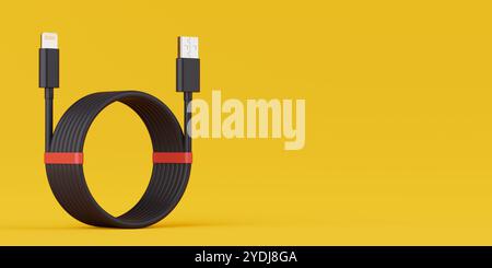 Connectivity and Charging Solutions Concept. Red USB Cable Neatly Coiled into a Loop, Featuring USB-A and Lightning Type Connectors on a yellow backgr Stock Photo