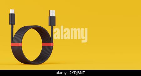 Connectivity and Charging Solutions Concept. Black USB Cable Neatly Coiled into a Loop, Featuring USB-A and USB Type C Connectors on a yellow backgrou Stock Photo