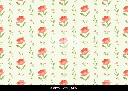 A seamless pattern featuring pink flowers, green leaves, and buds on a light green background. Stock Vector