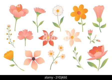 An illustration of a collection of various flowers in vibrant, Gradient colors. Stock Vector