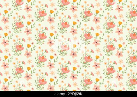 A repeating pattern featuring various stylized pink and orange flowers with green leaves on a light green background. Stock Vector