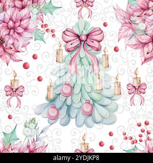Watercolor seamless pattern - candy cane, Christmas three, sweet peppermint cinnamon lollipop pink white, gift with red bow, Openwork snowflake Stock Vector