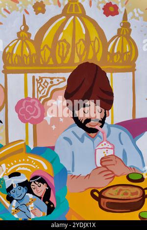 A mural at Klong Ong Ang Walking Street in the Chinatown / Pahurat area of Bangkok, Thailand, depicting a turbaned Sikh man man having an Indian meal Stock Photo
