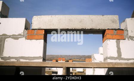 Construction workers engaged in installing a concrete lintel for a window frame. Stock Photo