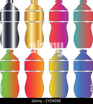 Eight bottles set with silver golden magenta green orange yellow blue colors gradient Stock Vector