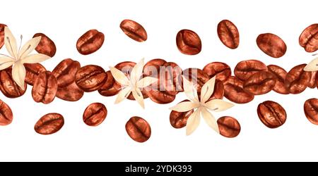 Coffee beans with flower. Horizontal seamless border. Watercolor ...