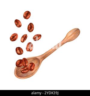 Wooden spoon with falling coffee beans. Coffee composition with robusta and arabica flavors. Watercolor and marker illustration. Coffee day. Hand Stock Photo