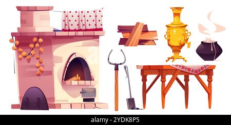 Old russian kitchen inside interior. Farm house for village. Wooden table, cooking porridge in pot, samovar and log for poor rural living room illustr Stock Vector