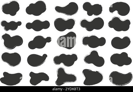 Brush abstract stains, paint shapes set with grunge texture. Round black ink splashes. Irregular organic blobs. Oval liquid rough graphic elements Stock Vector