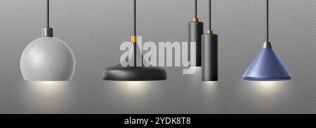 Modern ceiling chandelier hanging on wire for home or office interior design. Realistic 3d vector illustration set of pendant lamp with light turned o Stock Vector