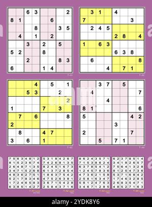 Sudoku puzzles with the 8x8 grid. Set E1 MK II. Rotational symmetry. 24, 22, 20, 18 clues. Very easy (1), easy (3). Stock Vector