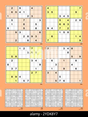 Sudoku set n.29 MK II. Symmetry 180°. Very easy -, easy +, moderate, very hard +. 29, 27, 24, 22 clues. Advanced rating based on six solving paths. Stock Vector