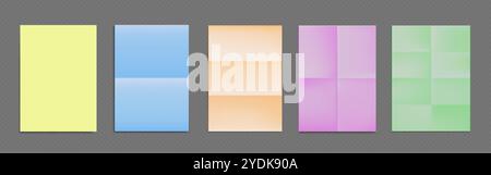 Folded colored paper mockup. Realistic 3d set of notebook sheet with wrinkles. Blank template of a4 leaflet border with crease. Empty crumpled school Stock Vector