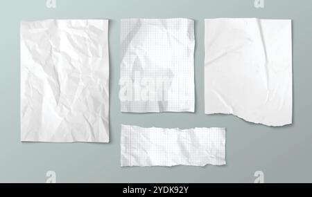 Crumpled paper sheets set isolated on background. Vector realistic illustration blank notebook pages with uneven torn edges, damaged wrinkled piece of Stock Vector
