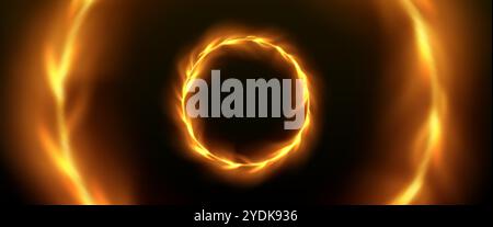 Fire ring frame. Flame effect in circle. Magic circular glow and burn flare on black background. Realistic gold fiery shine. Firework power wheel moti Stock Vector