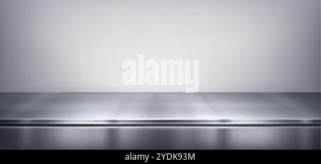 Sleek grey metal shiny surface with soft reflections and shadows. Minimalistic realistic 3d vector illustration of silver steel kitchen countertop or Stock Vector