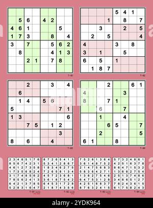 Sudoku puzzles with the 8x8 grid. Set E2 MK II. Rotational symmetry. 26, 24, 22, 20 clues. Very easy (1), easy (3). Stock Vector