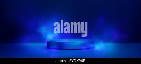 Cylinder product podium with smoke clouds and neon glow effect in dark blue studio room interior. Realistic 3d vector night sky goods display pedestal Stock Vector
