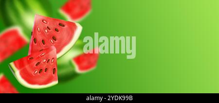 Watermelon triangle slice with seeds flying and falling on green background with space for text. Realistic 3d vector banner with ripe red berry cut pi Stock Vector