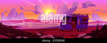 Camper van trailer with open door standing on sea or lake beach with sand, grass and daisy flowers on sunset or sunrise. Pink summer ocean shore lands Stock Vector