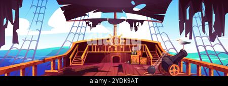 Broken abandoned pirate ship wooden deck with destroyed floor and railings, damaged steering wheel and torn black sails. Cartoon vector gull sit on ol Stock Vector