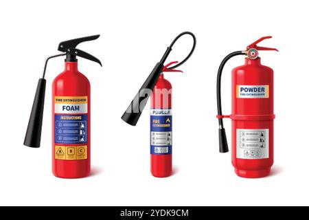 3d realistic fire extinguisher isolated vector icon. Powder and foam extinguish security type classifications set. Chemical fighter equipment. Emergen Stock Vector