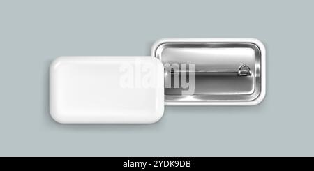 Mockup of white rectangular pin badge displaying back view with metallic clasp and smooth blank surface ready for customization. Realistic 3d vector b Stock Vector