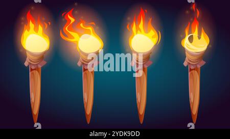 Torch fire set isolated on black background. Vector cartoon illustration of bright flame burning on wooden handle, ancient lantern for medieval palace Stock Vector
