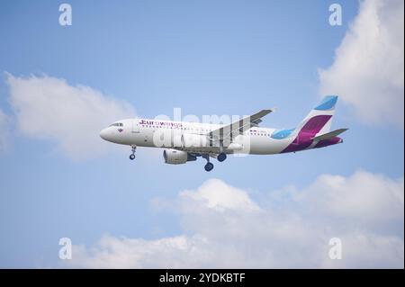 02/06/2024, Berlin, Germany, Europe, A Eurowings Airbus A320-216 passenger aircraft with the registration D-ABZI on approach to Berlin Brandenburg Air Stock Photo