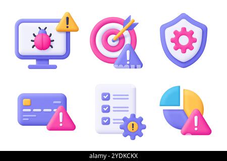 Business risk and risk management 3d vector icon set. Computer, target, shield, credit card, diagram, file. Cartoon minimal style. Stock Vector
